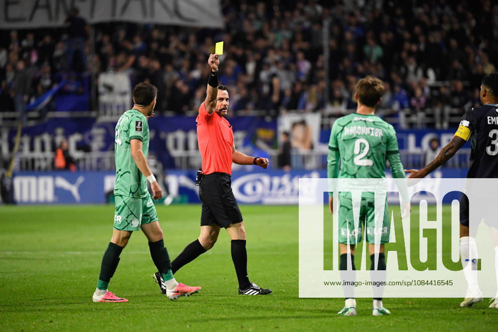 ESTAC Troyes v Olympique de Marseille - Ligue 1 McDonald s 2026 2027 Lucas MARONNIER of Troyes and Emerson PALMIERI of Olympique de Marseille , Guillaume Paradis referee during Ligue 1 McDonald s match between Troyes and Marseille at Stade de l Aube on October 11, 2026 in Troyes, France. Troyes France