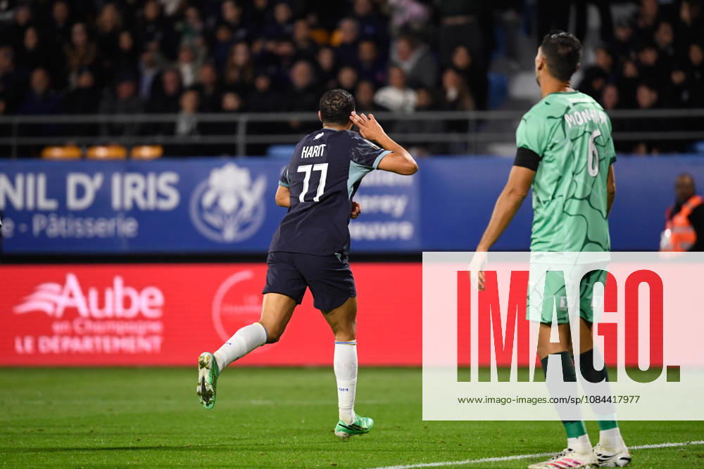 ESTAC Troyes v Olympique de Marseille - Ligue 1 McDonald s 2026 2027 Amine HARIT of Marseille celebrate after scores and Adrien-Mehdi MONFRAY of Troyes during Ligue 1 McDonald s match between Troyes and Marseille at Stade de l Aube on October 11, 2026 in Troyes, France. Troyes France