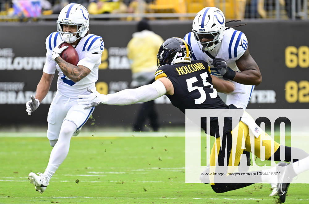 Indianapolis Colts wide receiver Anthony Gould (6) evades the grasp of Pittsburgh Steelers linebacker Cole Holcomb (55) during the first quarter at Acrisure Stadium on Sunday, October 11, 2026 in Pittsburgh. PIT2026101108 ARCHIExCARPENTER
