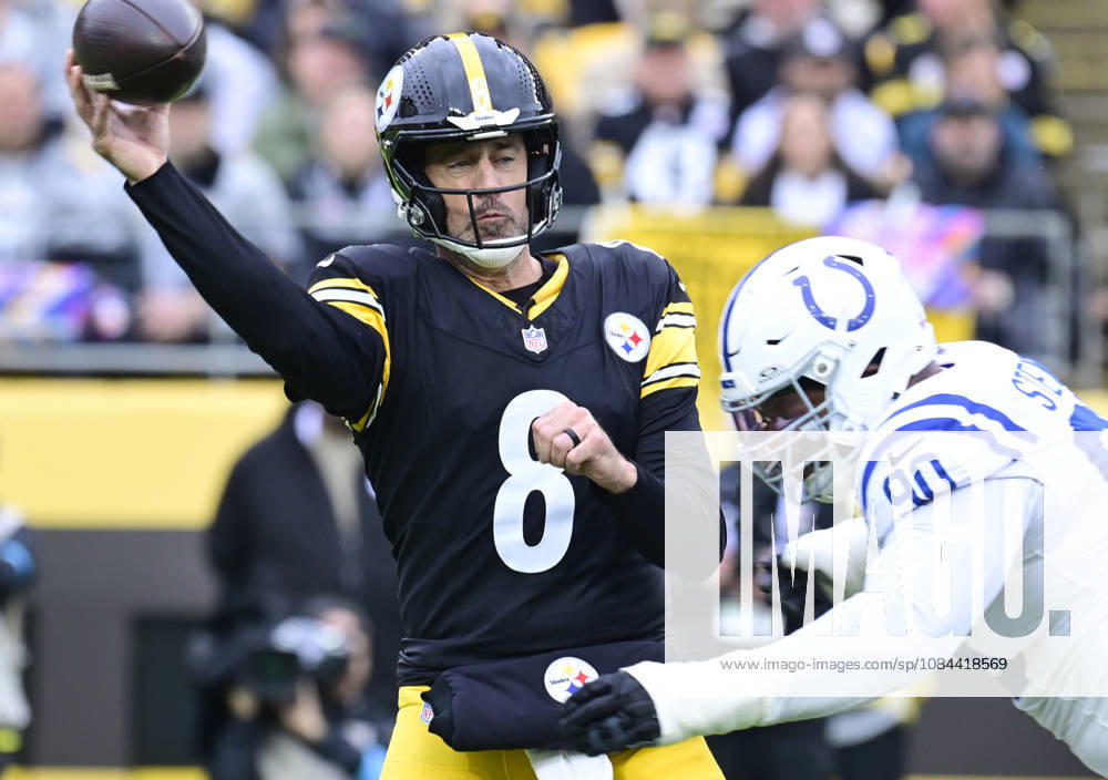 Pittsburgh Steelers quarterback Aaron Rodgers (8) is hit hard by Indianapolis Colts defensive tackle Grover Stewart (90) after throwing to Pittsburgh Steelers running back Jaylen Warren that makes the catch and runs 80 yards for a touchdown in the first quarter at Acrisure Stadium on Sunday, October 11, 2026 in Pittsburgh. PIT2026101101 ARCHIExCARPENTER