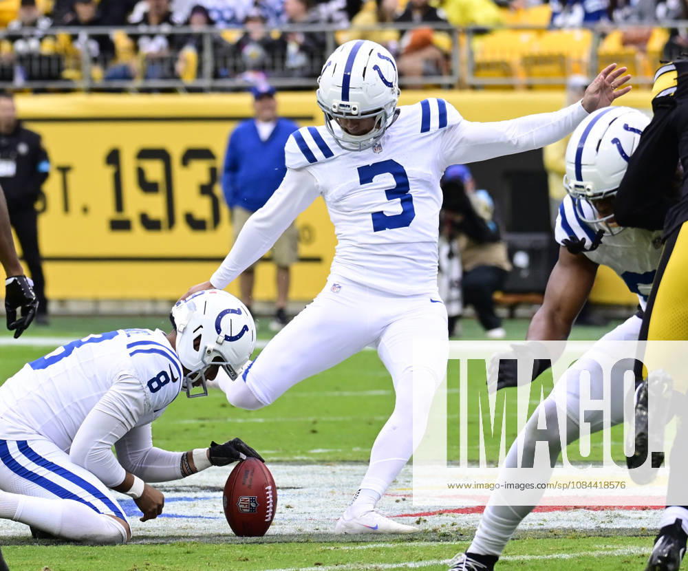 Indianapolis Colts kicker Spencer Shrader (3) kicks a 56 yard field goal in the first quarter against the Pittsburgh Steelers at Acrisure Stadium on Sunday, October 11, 2026 in Pittsburgh. PIT2026101104 ARCHIExCARPENTER