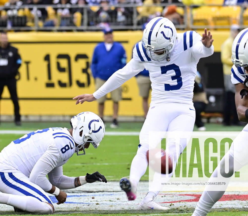 Indianapolis Colts kicker Spencer Shrader (3) kicks a 56 yard field goal in the first quarter against the Pittsburgh Steelers at Acrisure Stadium on Sunday, October 11, 2026 in Pittsburgh. PIT2026101105 ARCHIExCARPENTER