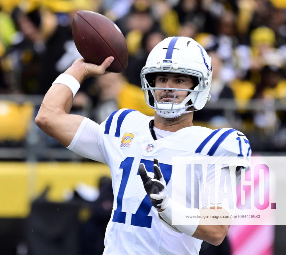 Indianapolis Colts quarterback Daniel Jones (17) throws in the first quarter against the Pittsburgh Steelers at Acrisure Stadium on Sunday, October 11, 2026 in Pittsburgh. PIT2026101107 ARCHIExCARPENTER