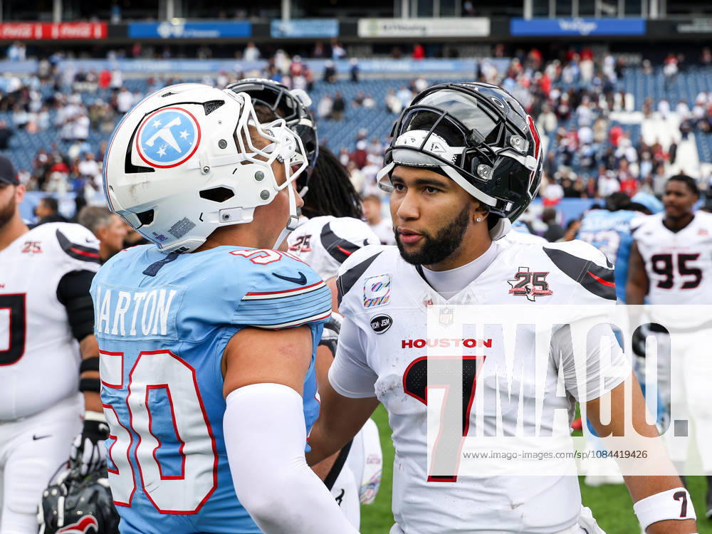 Oct 11, 2026; Nashville, TN, USA; Houston Texans quarterback C.J. Stroud (7) talks with Tennessee Titans linebacker Cody Barton (50) on the field following the NFL, American Football Herren, USA regular season game between the Houston Texans and Tennessee Titans at Nissan Stadium. Mandatory Credit: -Cal Media NFL 2026: Texans Vs Titans OCT 11 - ZUMAc04_ 20261011_zma_c04_078