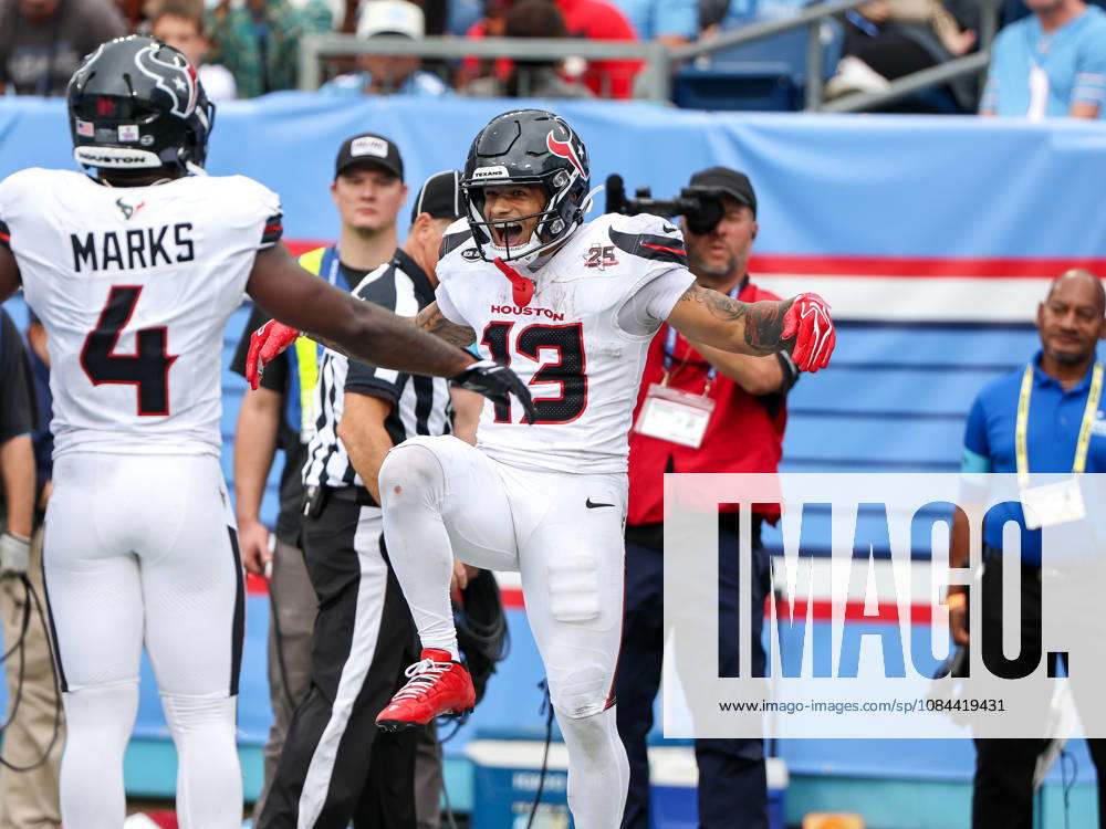 Oct 11, 2026; Nashville, TN, USA; Houston Texans wide receiver Jaylin Noel (13) celebrates in the end zone after scoring a touchdown during the NFL, American Football Herren, USA regular season game between the Houston Texans and Tennessee Titans at Nissan Stadium. Mandatory Credit: -Cal Media NFL 2026: Texans Vs Titans OCT 11 - ZUMAc04_ 20261011_zma_c04_082