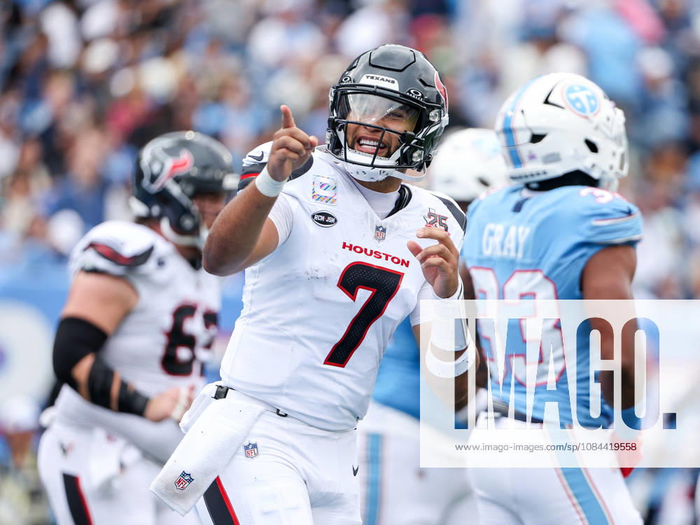 Oct 11, 2026; Nashville, TN, USA; Houston Texans quarterback C.J. Stroud (7) smiles and points to cheering fans after scoring a touchdown during the NFL, American Football Herren, USA regular season game between the Houston Texans and Tennessee Titans at Nissan Stadium. Mandatory Credit: -Cal Media Nashville USA - ZUMAc04_ 20261011_zma_c04_079