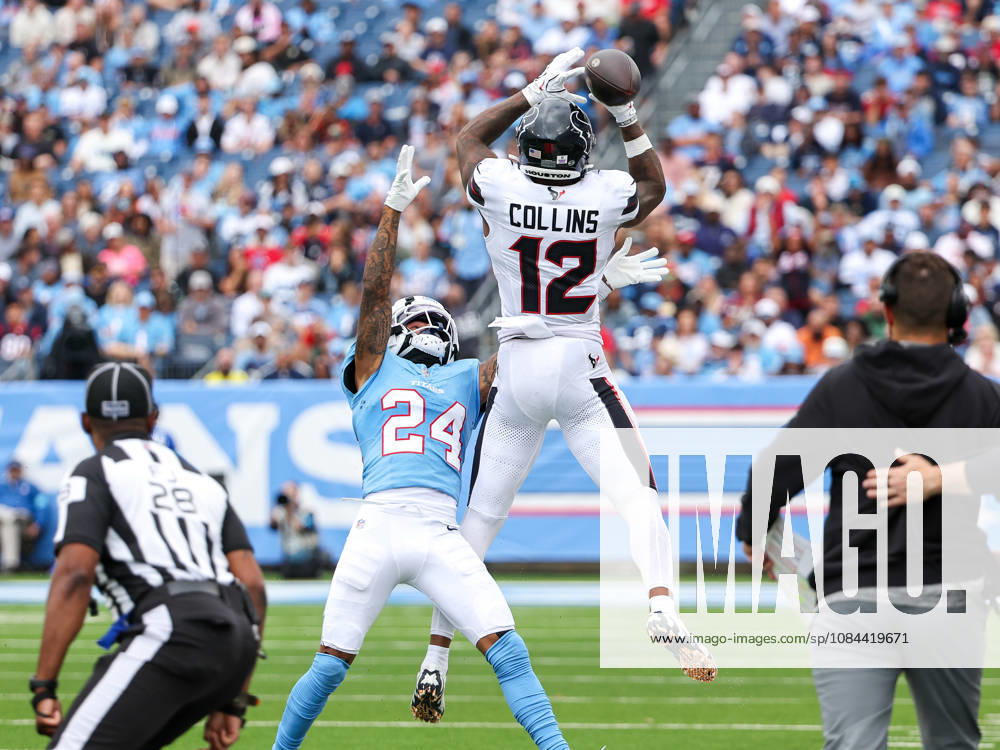 Oct 11, 2026; Nashville, TN, USA; Tennessee Titans cornerback Alontae Taylor (24) catches a penalty for pass interference on a pass to Houston Texans wide receiver Nico Collins (12) during the NFL, American Football Herren, USA regular season game between the Houston Texans and Tennessee Titans at Nissan Stadium. Mandatory Credit: -Cal Media Nashville USA - ZUMAc04_ 20261011_zma_c04_074