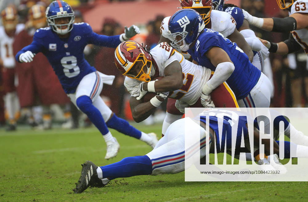 Washington Commanders RB 22 Jacory Croskey-Merritt is tackled by New York Giants CB 2 Deonte Banks during the Washington Commanders game against the New York Giants at Northwest Stadium in Landover, MD. CSM Landover United States of America - ZUMAc04_ 20261011_zma_c04_117