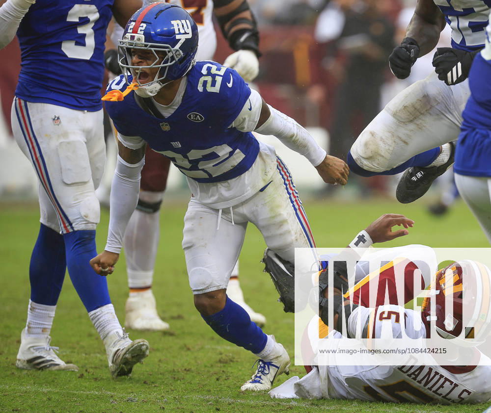 Washington Commanders QB 5 Jayden Daniels is sacked by New York Giants DB 22 Andru Phillips during the Washington Commanders game against the New York Giants at Northwest Stadium in Landover, MD. CSM Landover United States of America - ZUMAc04_ 20261011_zma_c04_115