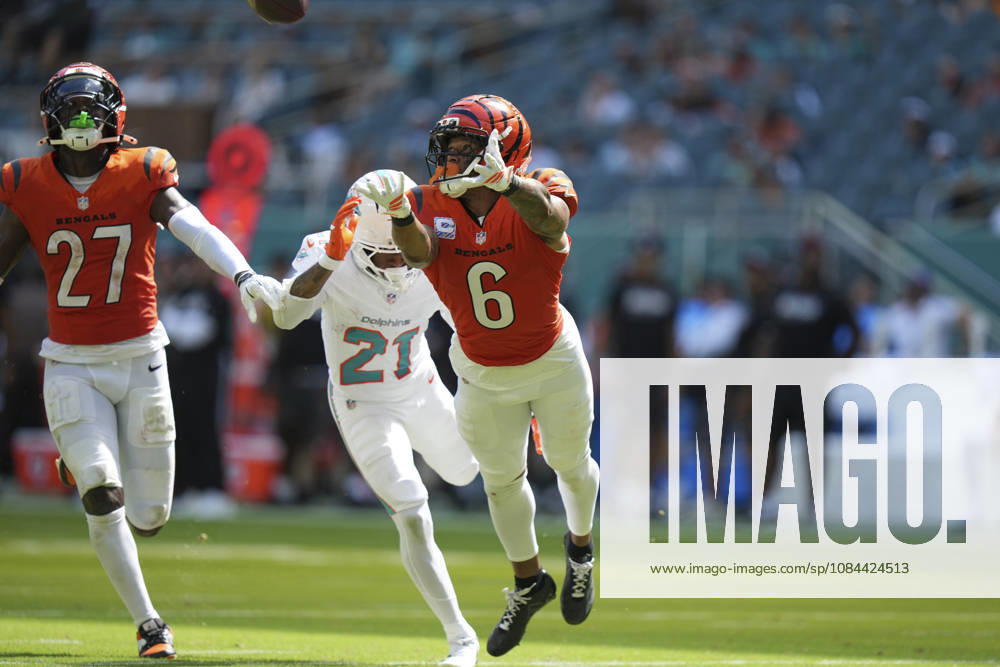 MIAMI GARDENS, FL - OCTOBER 11: Cincinnati Bengals safety Bryan Cook (6) makes a diving interception attempt during the NFL, American Football Herren, USA game between the Cincinnati Bengals and the Miami Dolphins on Sunday, October 11, 2026 at Hard Rcok Stadium in Miami Gardens, FL (Photo by Peter Joneleit Icon Sportswire) NFL: OCT 11 Bengals at Dolphins Icon2601011036