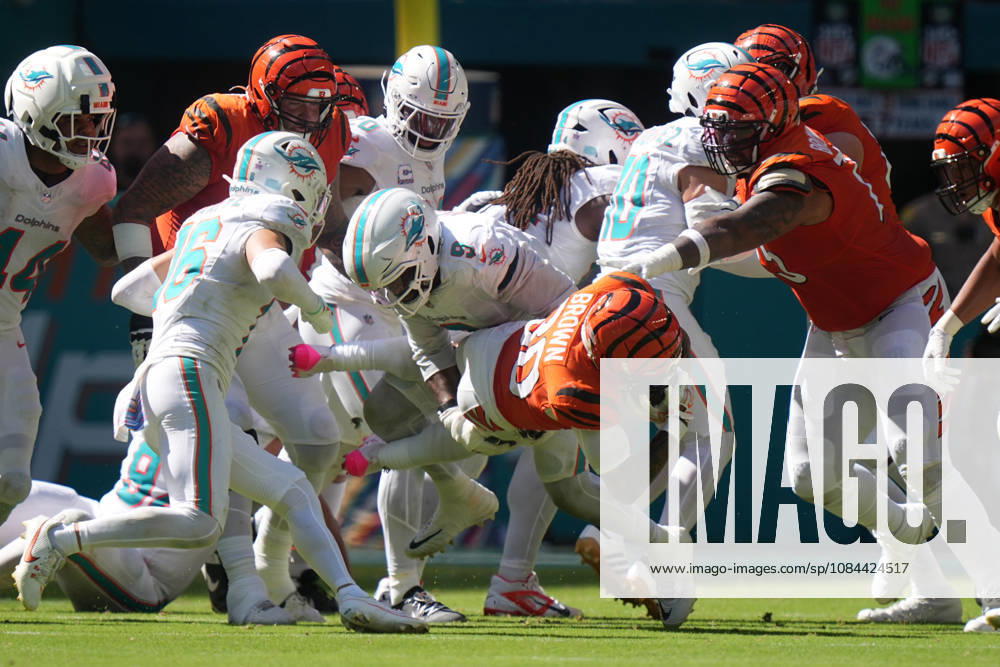 MIAMI GARDENS, FL - OCTOBER 11: Cincinnati Bengals running back Chase Brown (30) rushes with the ball during the NFL, American Football Herren, USA game between the Cincinnati Bengals and the Miami Dolphins on Sunday, October 11, 2026 at Hard Rcok Stadium in Miami Gardens, FL (Photo by Peter Joneleit Icon Sportswire) NFL: OCT 11 Bengals at Dolphins Icon2601011037