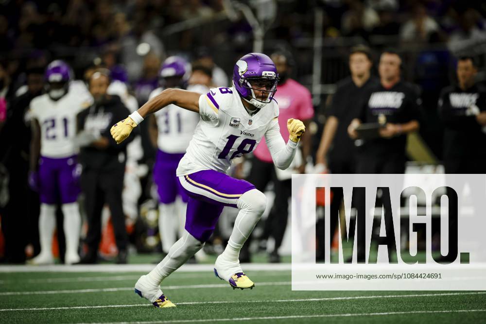 NEW ORLEANS, LA - OCTOBER 11: Justin Jefferson 18 of the Minnesota Vikings plays against the New Orleans Saints during the first half of a game at Caesars Superdome on October 11, 2026, in New Orleans, Louisiana. (Photo by Derick Hingle Icon Sportswire) NFL, American Football Herren, USA OCT 11 Vikings at Saints Icon126261011032