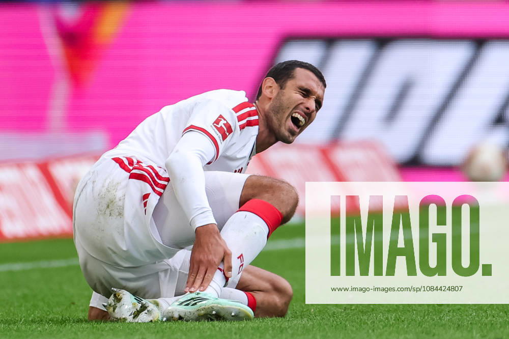 Ellyes Skhiri of 1. FC Koln reacts after being fouled during the Bundesliga 2026 27 match between 1. FC Koln and Borussia Monchengladbach at RheinEnergieStadion on October 11, 2026 in Cologne, Germany.