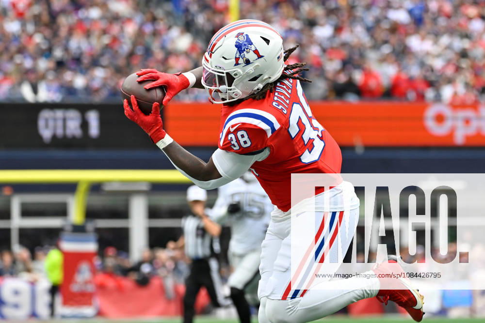 Oct 11, 2026; Foxborough, MA, USA; New England Patriots running back Rhamondre Stevenson (38) makes a catch against the Las Vegas Raiders during the first half at Gillette Stadium. Mandatory Credit: -Cal Media Foxborough USA - ZUMAc04_ 20261011_zma_c04_132