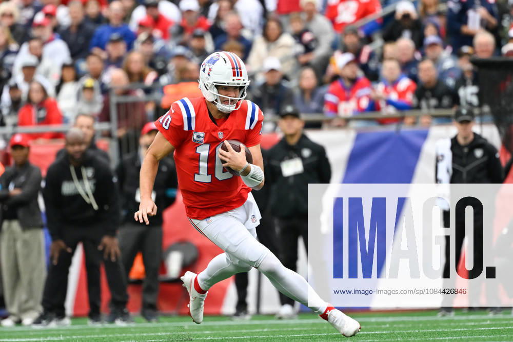 Oct 11, 2026; Foxborough, MA, USA; New England Patriots quarterback Drake Maye (10) runs the ball against the Las Vegas Raiders during the first half at Gillette Stadium. Mandatory Credit: -Cal Media Foxborough USA - ZUMAc04_ 20261011_zma_c04_139