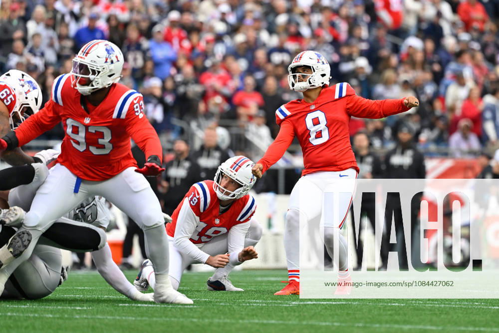 Oct 11, 2026; Foxborough, MA, USA; New England Patriots place kicker Andy Borregales (8) kicks an extra point against the Las Vegas Raiders during the second half at Gillette Stadium. Mandatory Credit: -Cal Media Foxborough USA - ZUMAc04_ 20261011_zma_c04_157