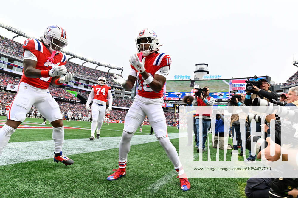 Oct 11, 2026; Foxborough, MA, USA; New England Patriots wide receiver Kyle Williams (18) celebrates a touchdown against the Las Vegas Raiders during the second half at Gillette Stadium. Mandatory Credit: -Cal Media Foxborough USA - ZUMAc04_ 20261011_zma_c04_163