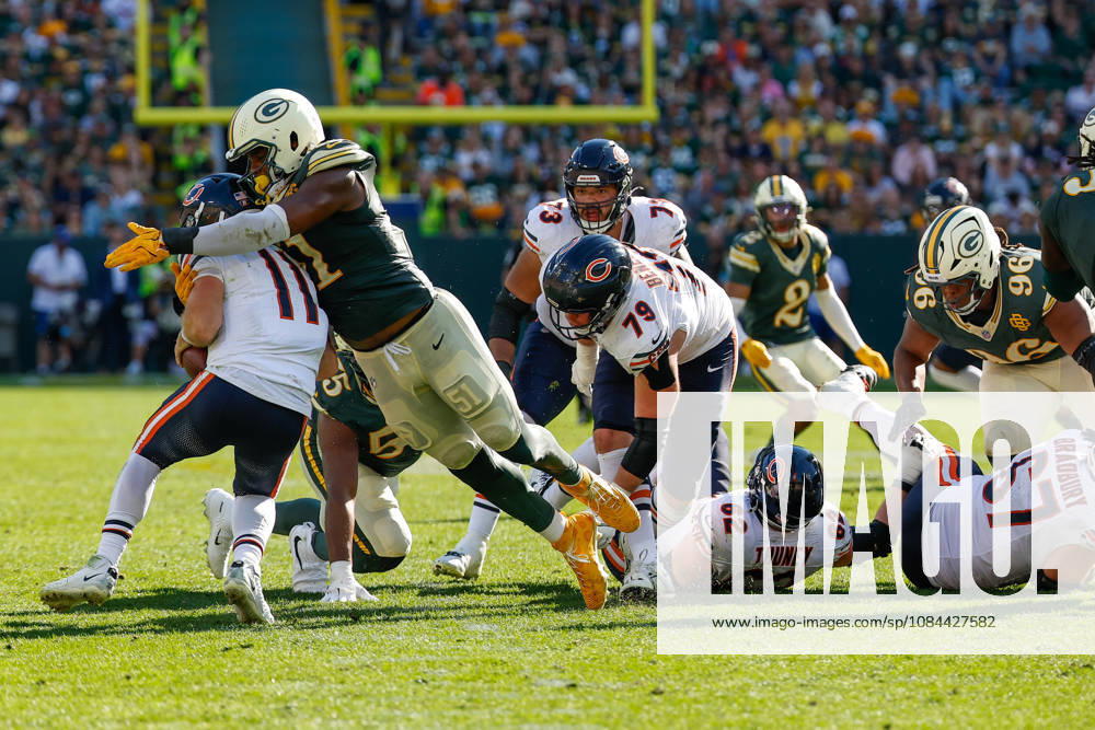 Oct 11, 2026; Green Bay, WI, USA; Green Bay Packers defensive end Dani Dennis-Sutton (51) sacks Chicago Bears quarterback Case Keenum (11) during NFL, American Football Herren, USA game action at Lambeau Field. Mandatory Credit: -Cal Media NFL 2026: Bears Vs Packers OCT 11 - ZUMAc04_ 20261011_zma_c04_215