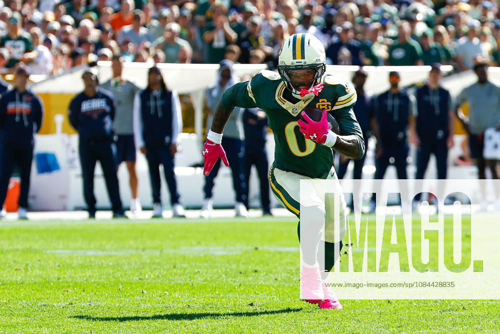Oct 11, 2026; Green Bay, WI, USA; Green Bay Packers wide receiver Matthew Golden (0) runs after the catch during NFL, American Football Herren, USA game action against the Chicago Bears at Lambeau Field. Mandatory Credit: -Cal Media Green Bay USA - ZUMAc04_ 20261011_zma_c04_204