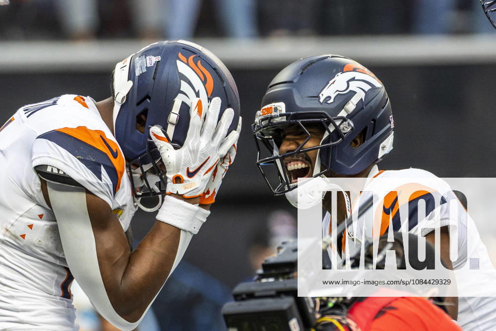 Denver Broncos Wide Receivers Courtland Sutton (14) and Jaylen Waddle (17) celebrate after scoring a touchdown against Los Angeles Chargers during an NFL, American Football Herren, USA football game, in Inglewood, Calif. on Sunday Oct. 11, 2026. Inglewood USA - ZUMAc68_ 20261011_zaf_c68_033