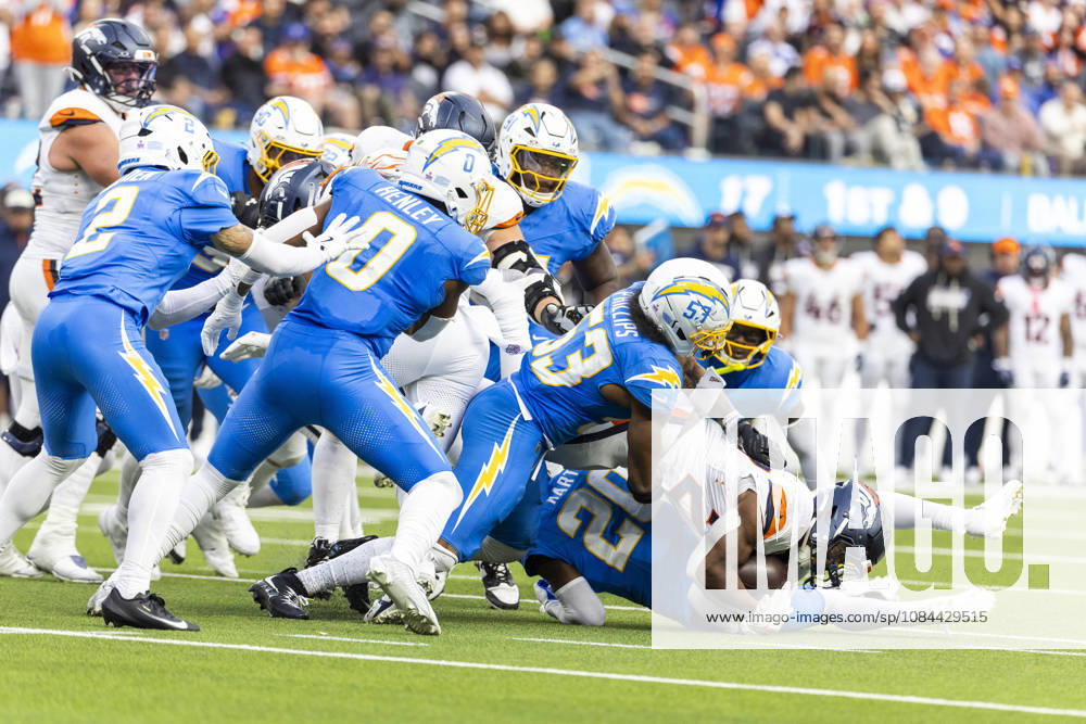 Denver Broncos Running Back J.K. Dobbins (27) is stopped by Los Angeles Chargers during an NFL, American Football Herren, USA football game, in Inglewood, Calif. on Sunday Oct. 11, 2026. Inglewood USA - ZUMAc68_ 20261011_zaf_c68_019
