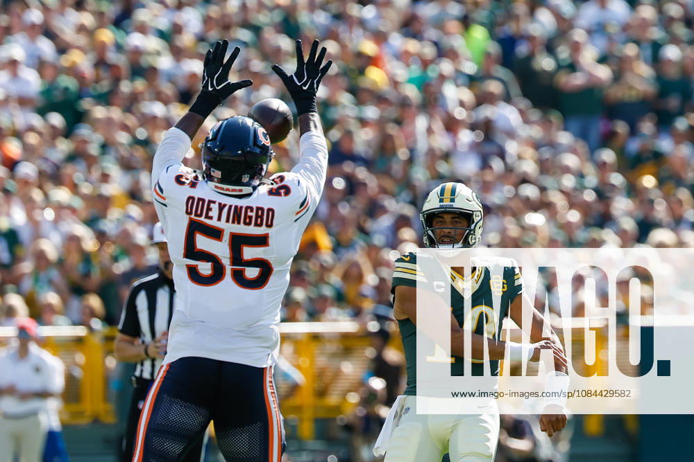 Oct 11, 2026; Green Bay, WI, USA; Green Bay Packers quarterback Jordan Love (10) passes the ball as Chicago Bears defensive end Dayo Odeyingbo (55) blocks it with his helmet during NFL, American Football Herren, USA game action at Lambeau Field. Mandatory Credit: -Cal Media Green Bay USA - ZUMAc04_ 20261011_zma_c04_235