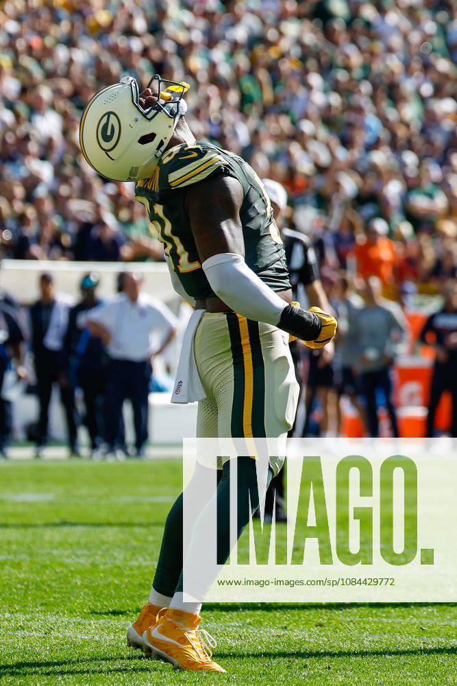 Oct 11, 2026; Green Bay, WI, USA; Green Bay Packers defensive end Dani Dennis-Sutton (51) celebrates during NFL, American Football Herren, USA game action against the Chicago Bears at Lambeau Field. Mandatory Credit: -Cal Media Green Bay USA - ZUMAc04_ 20261011_zma_c04_272