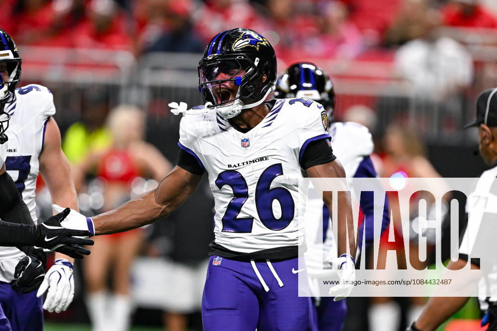ATLANTA, GA - OCTOBER 11: Baltimore running back Rasheen Ali (26) reacts during the NFL, American Football Herren, USA game between the Baltimore Ravens and the Atlanta Falcons on October 11th, 2026 at Mercedes-Benz Stadium in Atlanta, GA. (Photo by Rich von Biberstein Icon Sportswire) NFL: OCT 11 Ravens at Falcons Icon261011013