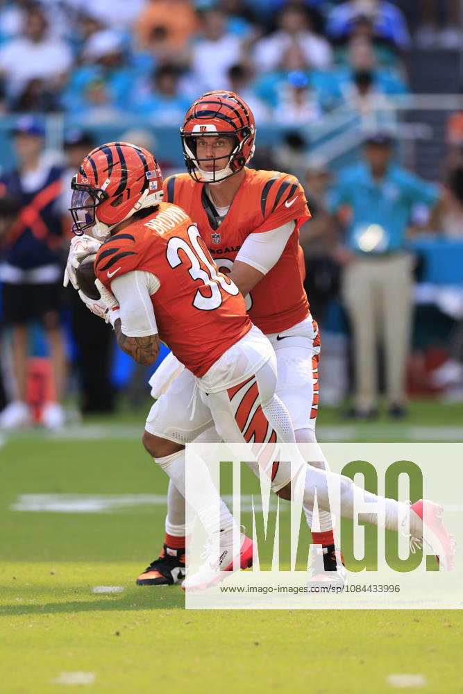 Cincinnati Bengals quarterback Joe Burrow (9) hands off the ball to Cincinnati Bengals running back Chase Brown (30) during an NFL, American Football Herren, USA game against the Miami Dolphins on Sunday, October 11, 2026 at the Hard Rock Stadium. The Bengals beat the Dolphins 31-24. Miami Gardens United States - ZUMAh180 20261011_zsp_h180_033