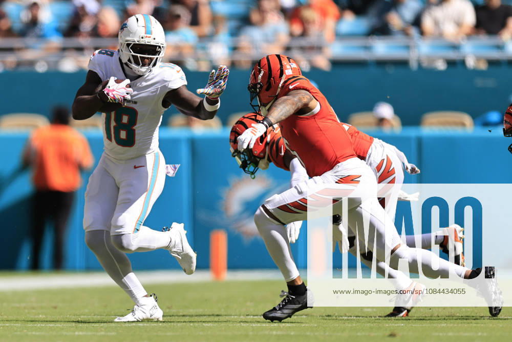 Miami Dolphins wide receiver Chris Bell (18) makes a reception and turns to run with the ball during an NFL, American Football Herren, USA game against the Cincinnati Bengals on Sunday, October 11, 2026 at the Hard Rock Stadium. The Bengals beat the Dolphins 31-24. NFL 2026: Cincinnati Bengals 31 : 24 Miami Dolphins - ZUMAh180 20261011_zsp_h180_076
