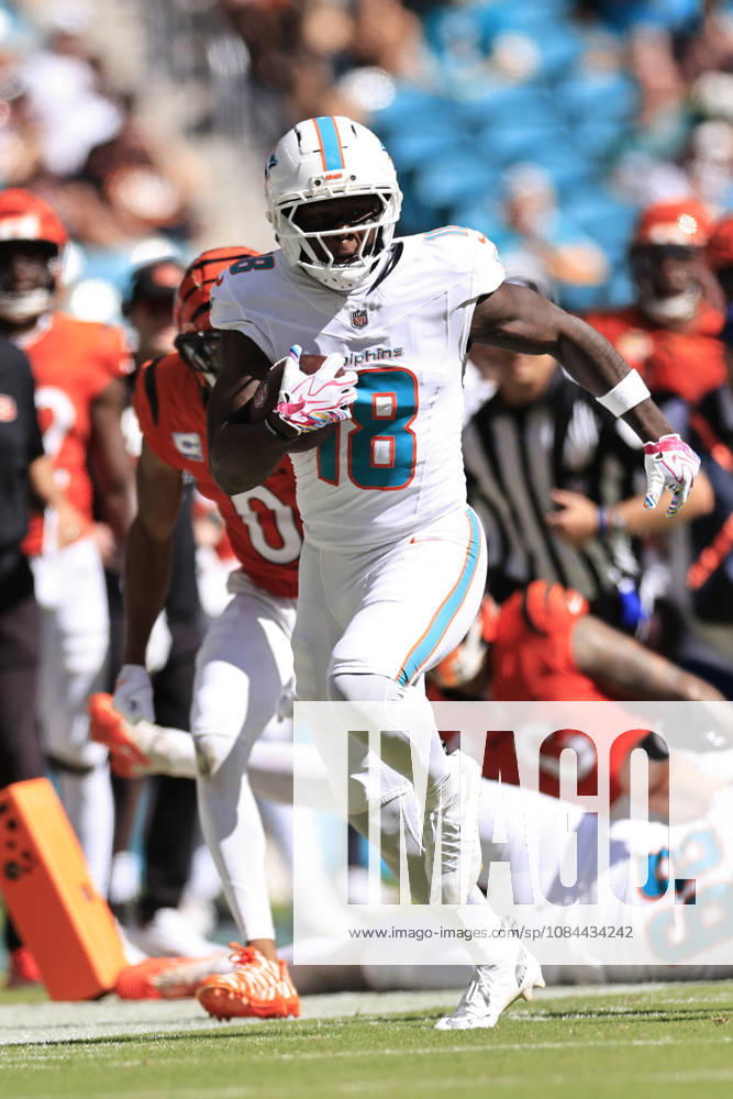 Miami Dolphins wide receiver Chris Bell (18) makes a reception and turns to run with the ball during an NFL, American Football Herren, USA game against the Cincinnati Bengals on Sunday, October 11, 2026 at the Hard Rock Stadium. The Bengals beat the Dolphins 31-24. Miami Gardens United States - ZUMAh180 20261011_zsp_h180_103