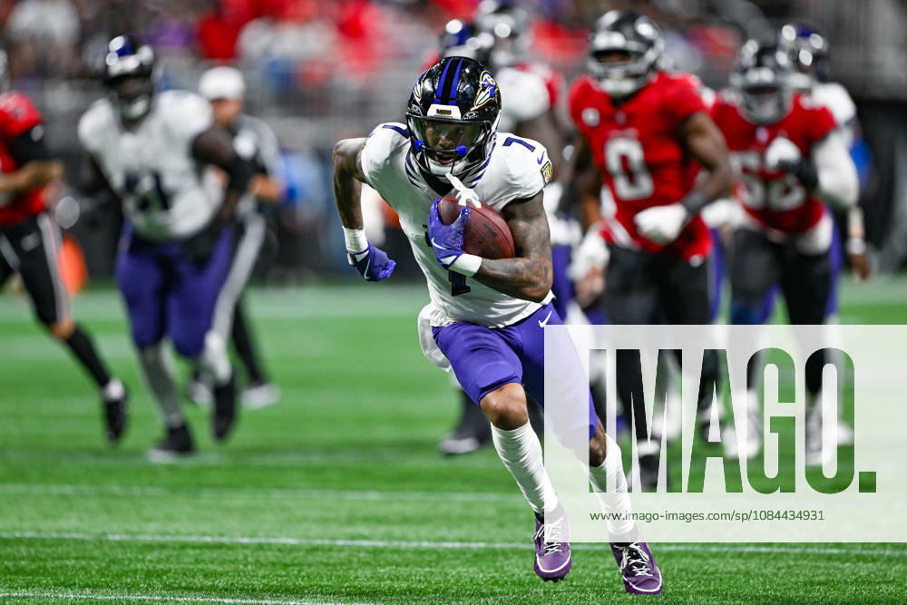 ATLANTA, GA - OCTOBER 11: Baltimore wide receiver Rashod Bateman (7) runs with the ball after a reception during the NFL, American Football Herren, USA game between the Baltimore Ravens and the Atlanta Falcons on October 11th, 2026 at Mercedes-Benz Stadium in Atlanta, GA. (Photo by Rich von Biberstein Icon Sportswire) NFL: OCT 11 Ravens at Falcons Icon261011029