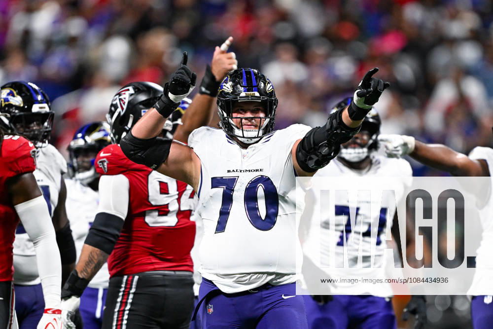 ATLANTA, GA - OCTOBER 11: Baltimore offensive tackle Roger Rosengarten (70) reacts during the NFL, American Football Herren, USA game between the Baltimore Ravens and the Atlanta Falcons on October 11th, 2026 at Mercedes-Benz Stadium in Atlanta, GA. (Photo by Rich von Biberstein Icon Sportswire) NFL: OCT 11 Ravens at Falcons Icon261011032