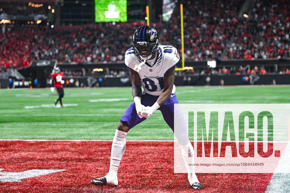 ATLANTA, GA - OCTOBER 11: Baltimore wide receiver Devontez Walker (81) reacts after catching a touchdown pass during the NFL, American Football Herren, USA game between the Baltimore Ravens and the Atlanta Falcons on October 11th, 2026 at Mercedes-Benz Stadium in Atlanta, GA. (Photo by Rich von Biberstein Icon Sportswire) NFL: OCT 11 Ravens at Falcons Icon261011038