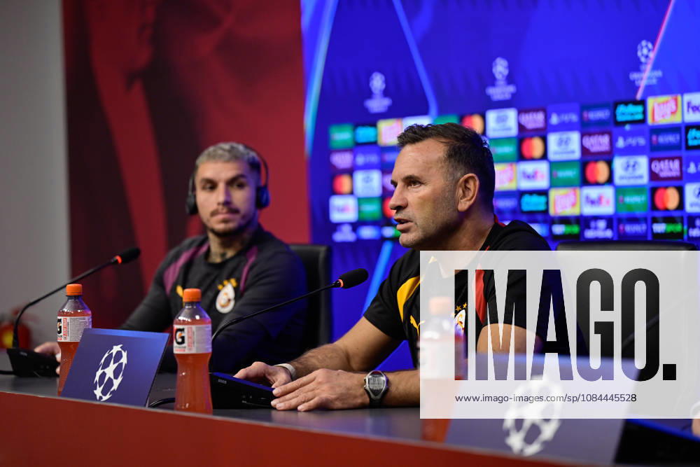 Ahead of Galatasaray v Barcelona - UEFA Champions League ISTANBUL, TURKIYE - OCTOBER 12: Galatasaray head coach Okan Buruk (R) and Galatasaray player Lucas Torreira (L) answer journalists questions during a press conference, PK, Pressekonferenz at the Kemerburgaz Metin Oktay Training Facilities in Istanbul, Turkiye, on October 12, 2026, ahead of their UEFA Champions League second matchweek clash against Barcelona. Cem Tekkesinoglu Anadolu Istanbul Turkey. Editorial use only. Please get in touch for any other usage.