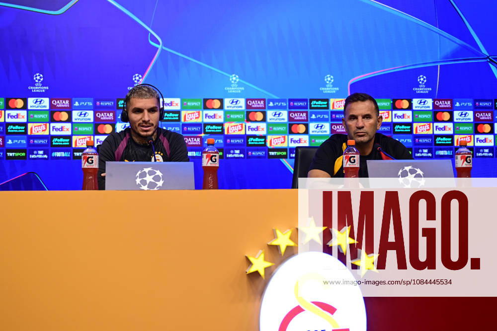 Ahead of Galatasaray v Barcelona - UEFA Champions League ISTANBUL, TURKIYE - OCTOBER 12: Galatasaray head coach Okan Buruk (R) and Galatasaray player Lucas Torreira (L) answer journalists questions during a press conference, PK, Pressekonferenz at the Kemerburgaz Metin Oktay Training Facilities in Istanbul, Turkiye, on October 12, 2026, ahead of their UEFA Champions League second matchweek clash against Barcelona. Cem Tekkesinoglu Anadolu Istanbul Turkey. Editorial use only. Please get in touch for any other usage.