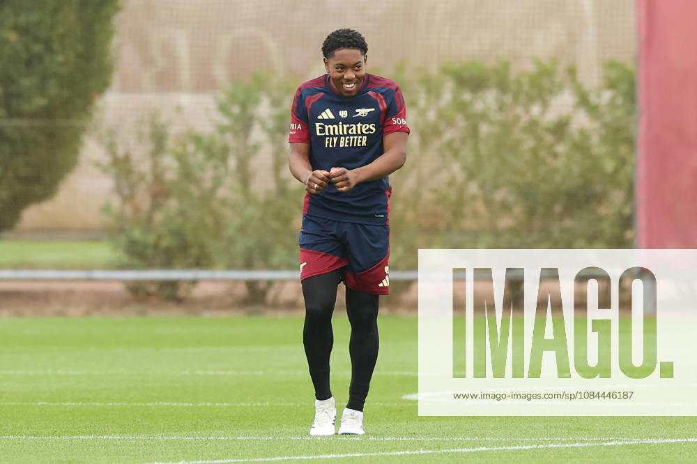 Arsenal Training & Media Conference, Champions League Myles Lewis-Skelly of Arsenal smiles during the Arsenal training session at the Arsenal FC Training Centre, ahead of UEFA Champions League Matchday 2 v Lille, London Colney, England on 12 October 2026 Credit: Tiego Grenho Every Second Media Editorial use only. All images are copyright Every Second Media Limited. No images may be reproduced without prior permission.