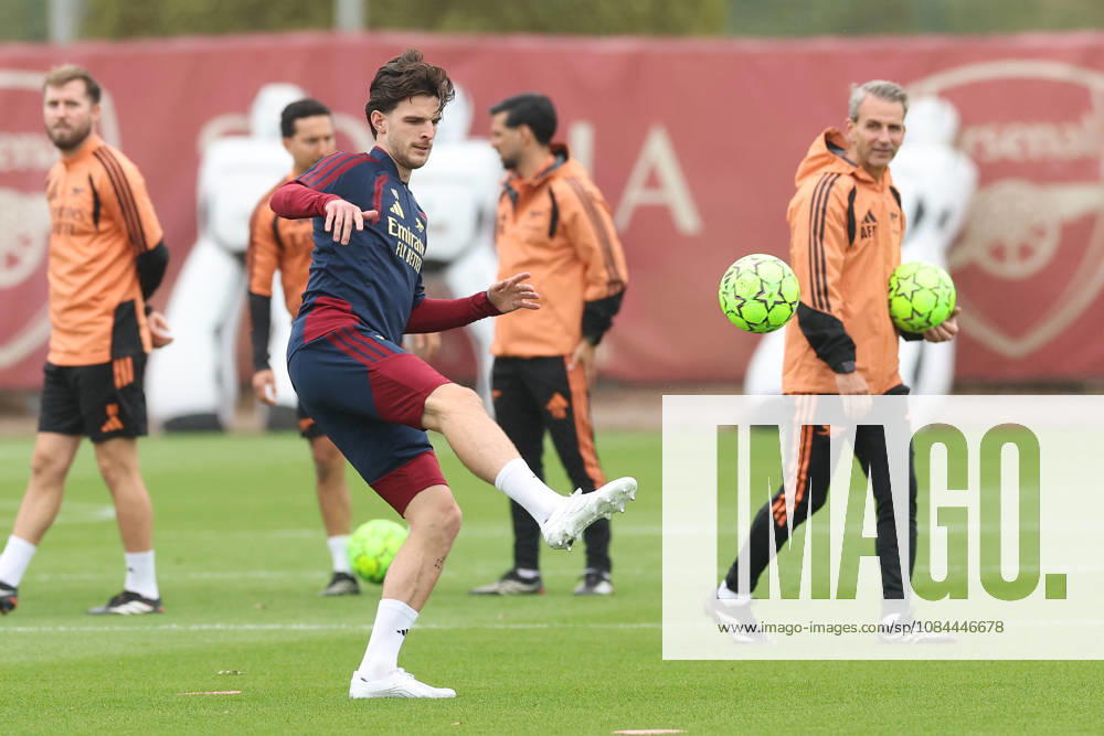 Arsenal Training & Media Conference, Champions League Declan Rice of Arsenal during the Arsenal training session at the Arsenal FC Training Centre, ahead of UEFA Champions League Matchday 2 v Lille, London Colney, England on 12 October 2026 Credit: Tiego Grenho Every Second Media Editorial use only. All images are copyright Every Second Media Limited. No images may be reproduced without prior permission.