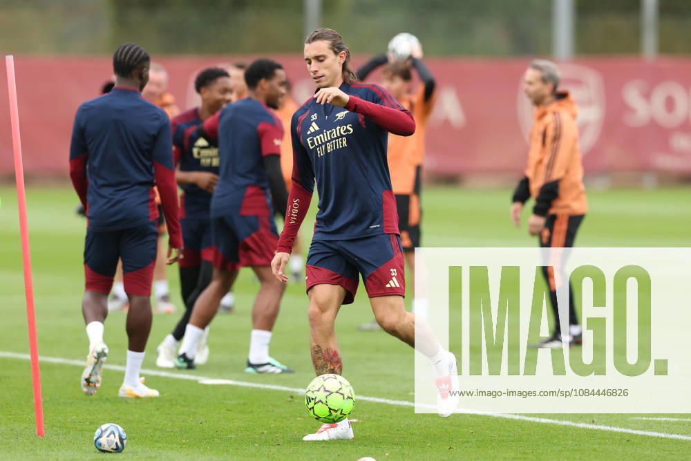 Arsenal Training & Media Conference, Champions League Riccardo Calafiori of Arsenal during the Arsenal training session at the Arsenal FC Training Centre, ahead of UEFA Champions League Matchday 2 v Lille, London Colney, England on 12 October 2026 Credit: Tiego Grenho Every Second Media Editorial use only. All images are copyright Every Second Media Limited. No images may be reproduced without prior permission.