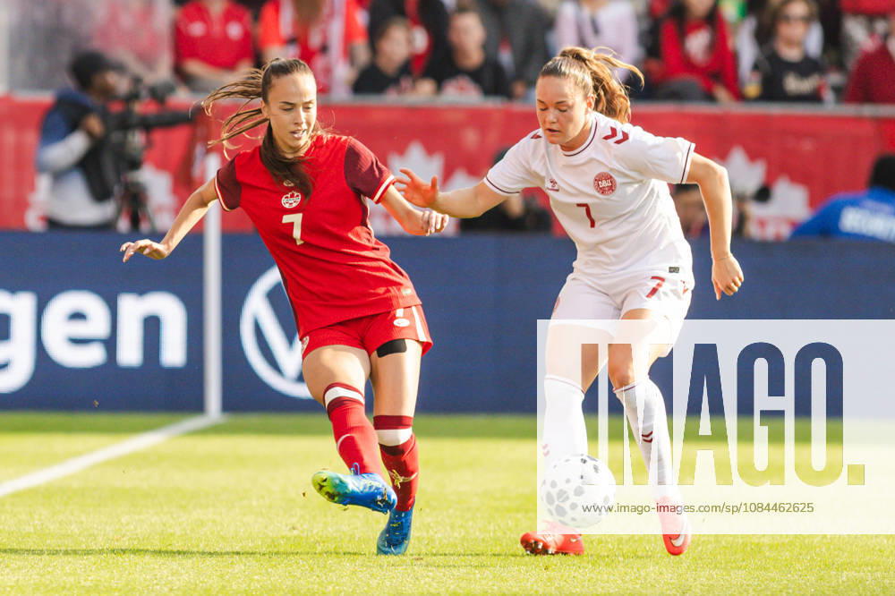 Julia Grosso of Canada challenges Janni Thomsen of Denmark during the Women’s International Friendly, Länderspiel, Nationalmannschaft match between Canada and Denmark on October 12th, 2026 in BMO Field, Toronto, Ontario, Canada
