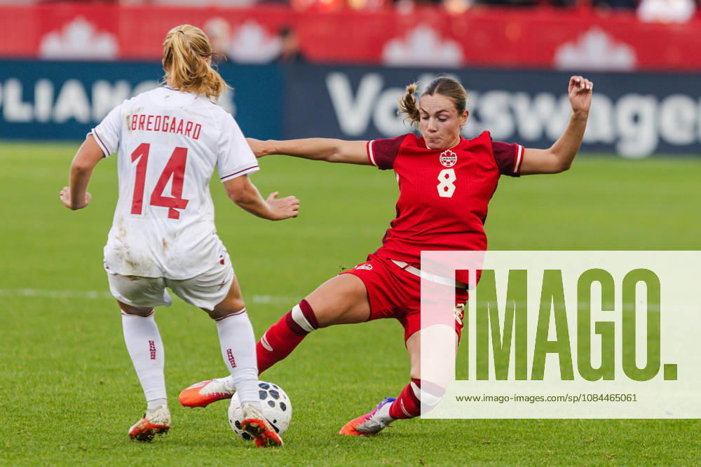 Emma Regan of Canada challenges Sofie Bredgaard of Denmark during the Women’s International Friendly, Länderspiel, Nationalmannschaft match between Canada and Denmark on October 12th, 2026 in BMO Field, Toronto, Ontario, Canada