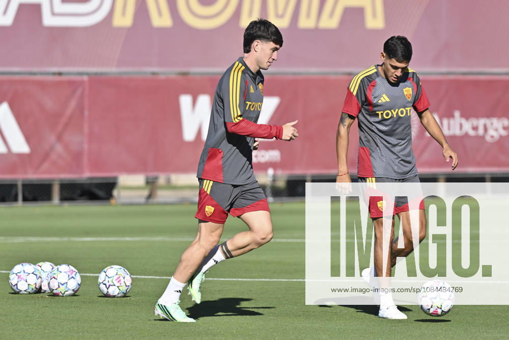 IPA89639254 - Matias Soule of Roma and Nahuel Molina of Roma during a training session ahead of the UEFA Champions League soccer match between AS Roma and Real Madrid, as well as the press conference, PK, Pressekonferenz and training at the Trigoria Training Center on October 13, 2026, in Rome, Italy. During the AS Roma press conference for the UEFA Champions League soccer match in Rome, Italy, on October 13, 2026