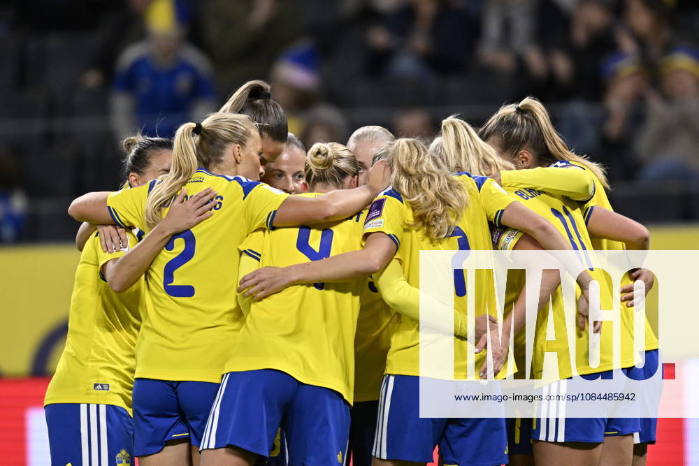 Sweden s team celebrates the 2-0 goal during the Women s World Cup 2027 playoff soccer match between Sweden and Lithuania at Strawberry arena in Stockholm , Sweden October 13, 2026. STOCKHOLM SWEDEN