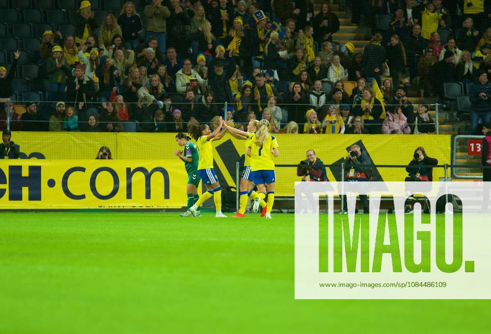 Smilla Holmberg of Sweden and Felicia Schroder of Sweden celebrates goal during the World Cup 2027 qualifier match between Sweden and Lithuania at Strawberry Arena on October 13, 2026 in Solna, Sweden. (Peter Sonander SPP)