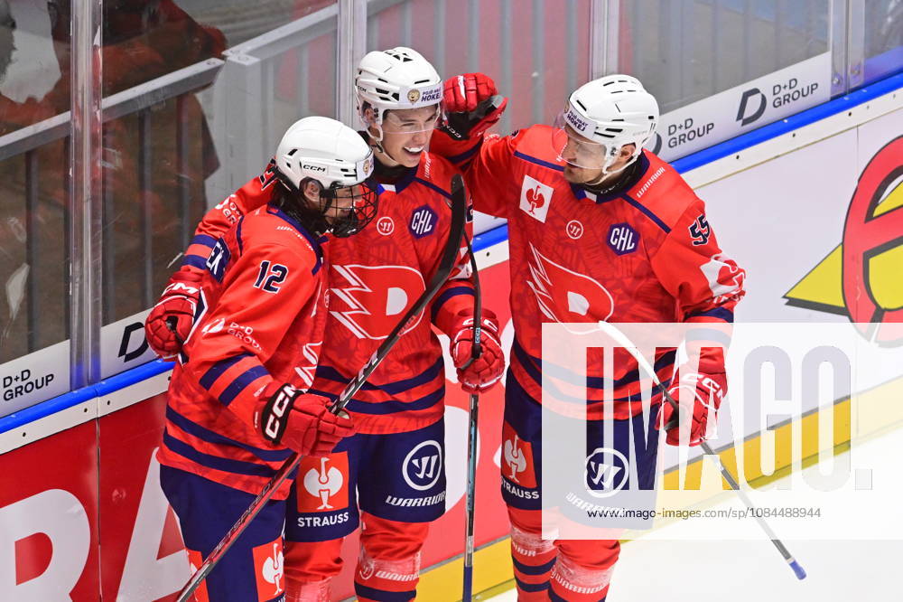 Ice hockey, Eishockey Champions League match: HC Dynamo Pardubice vs Vaxjo Lakers Hockey Club in Pardubice, Czech Republic, October 13, 2026. From left Matus Valek, Teodor Vapenik, Tomas Vondracek of Pardubice celebrate goal. (CTKxPhoto JosefxVostarek) CTKPhotoP2026101307278 CTKPhotoP2026101307278