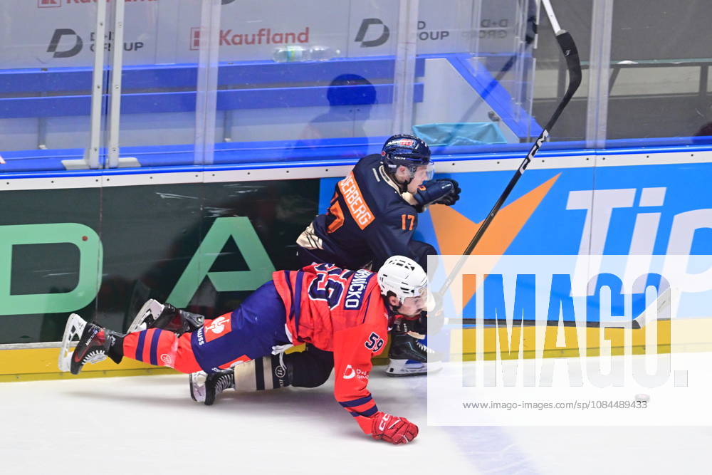 Ice hockey, Eishockey Champions League match: HC Dynamo Pardubice vs Vaxjo Lakers Hockey Club in Pardubice, Czech Republic, October 13, 2026. From left Dominik Hrnicko of Pardubice, Morgan Anderberg of Vaxjo. (CTKxPhoto JosefxVostarek) CTKPhotoP2026101307314 CTKPhotoP2026101307314