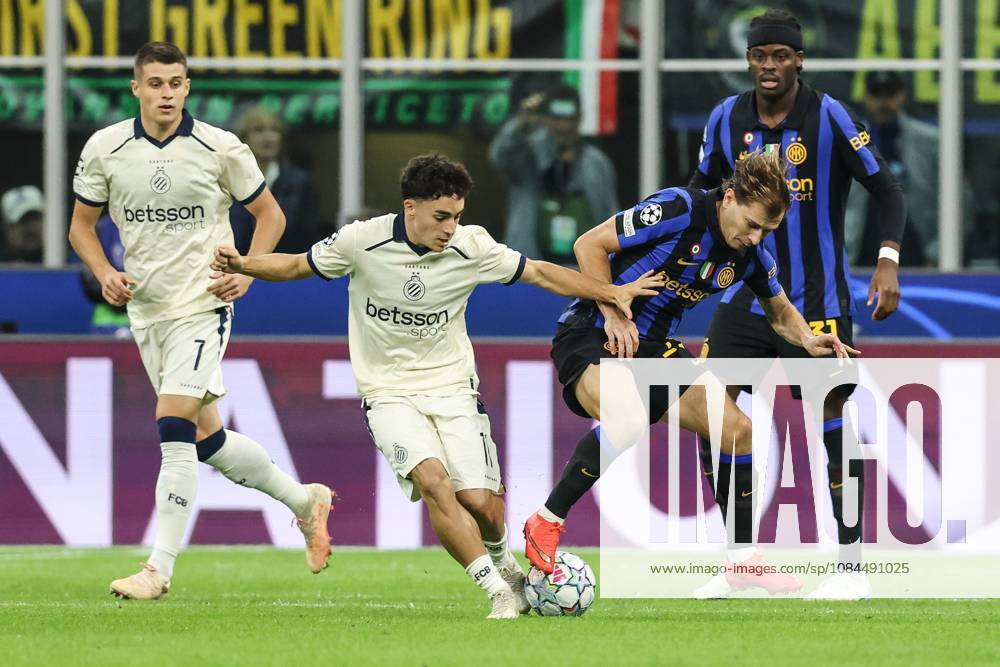 Club s Jan Virgili and Inter s Nicolo Barella fight for the ball during a soccer game between Italian Inter Milan and Belgian Club Brugge KV, Tuesday 13 October 2026 in Milan, Italy, on day 2 of the UEFA Champions League league phase. BRUNOxFAHY x189710090x