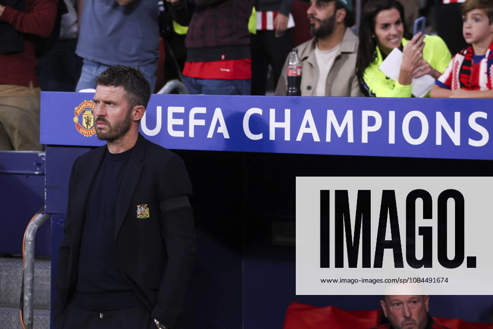 Atletico de Madrid v Manchester United, ManU - UEFA Champions League 2026 27 October 13, 2026, Riyadh Air Metropolitano Stadium, Madrid, Spain: Michael Carrick coach of Manchester United sees the field during UEFA Champions League 2026 27 football match between Atletico de Madrid and Manchester United at Riyadh Air Metropolitano Stadium on October 13, 2026, in Madrid, Spain. Madrid Riyadh Air Metropolitano Stadium Madrid Spain