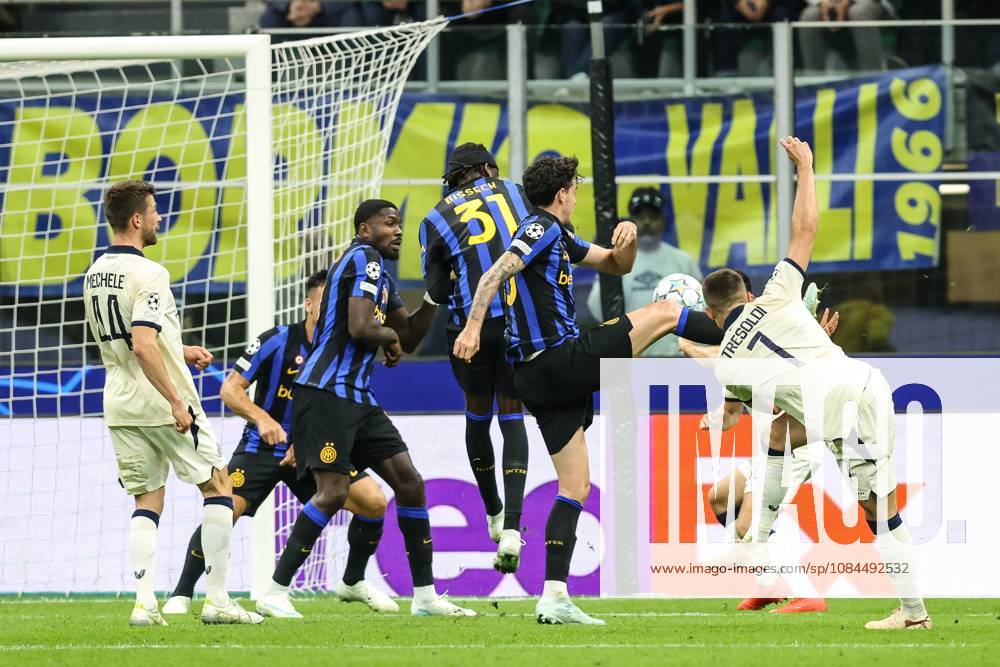 Club s Nicolo Tresoldi is pictured in action during a soccer game between Italian Inter Milan and Belgian Club Brugge KV, Tuesday 13 October 2026 in Milan, Italy, on day 2 of the UEFA Champions League league phase. BRUNOxFAHY x189714637x
