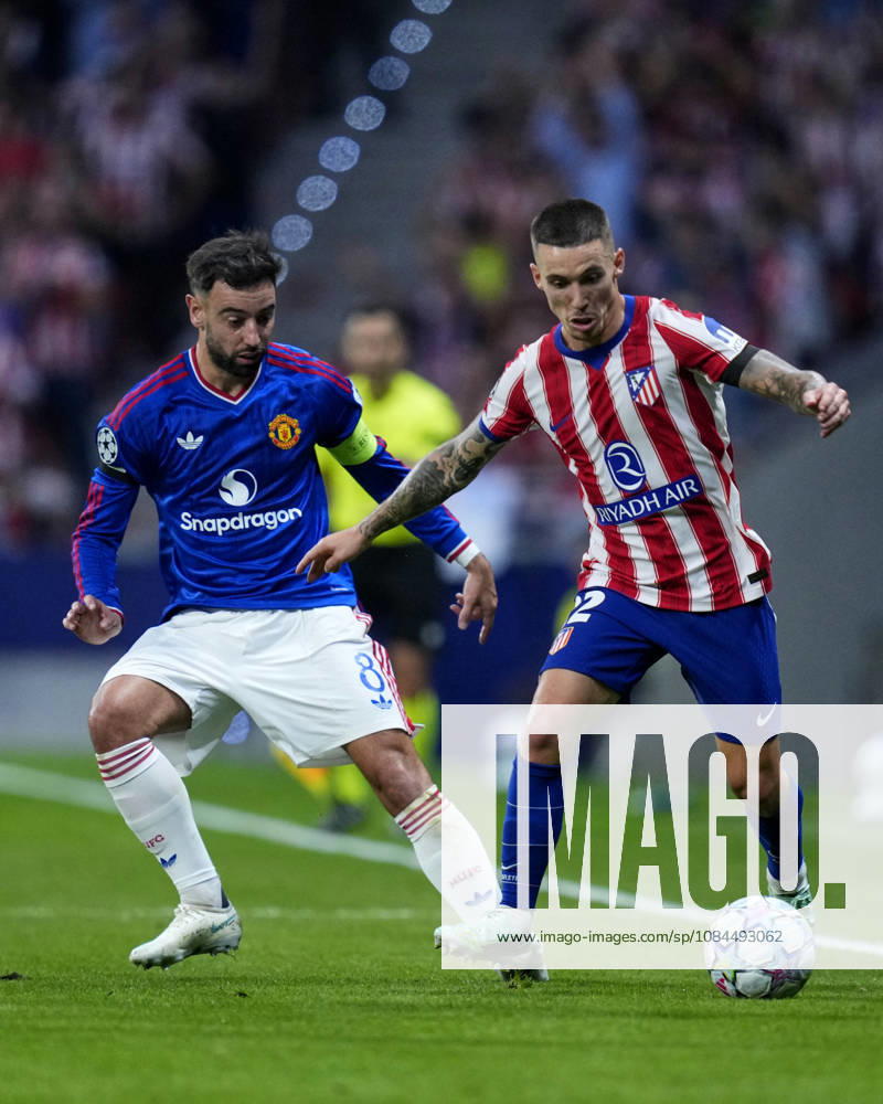 ESP: Atletico de Madrid v Manchester United, ManU FC. UEFA Champions League. Matchday 2. Alejandro Grimaldo of Atletico de Madrid and Bruno Fernandes of Manchester United during the UEFA Champions League match between Atletico de Madrid and Manchester United FC played at Riyadh Metropolitano Stadium on 13 Oct 2026 in Barcelona, Spain. kpng